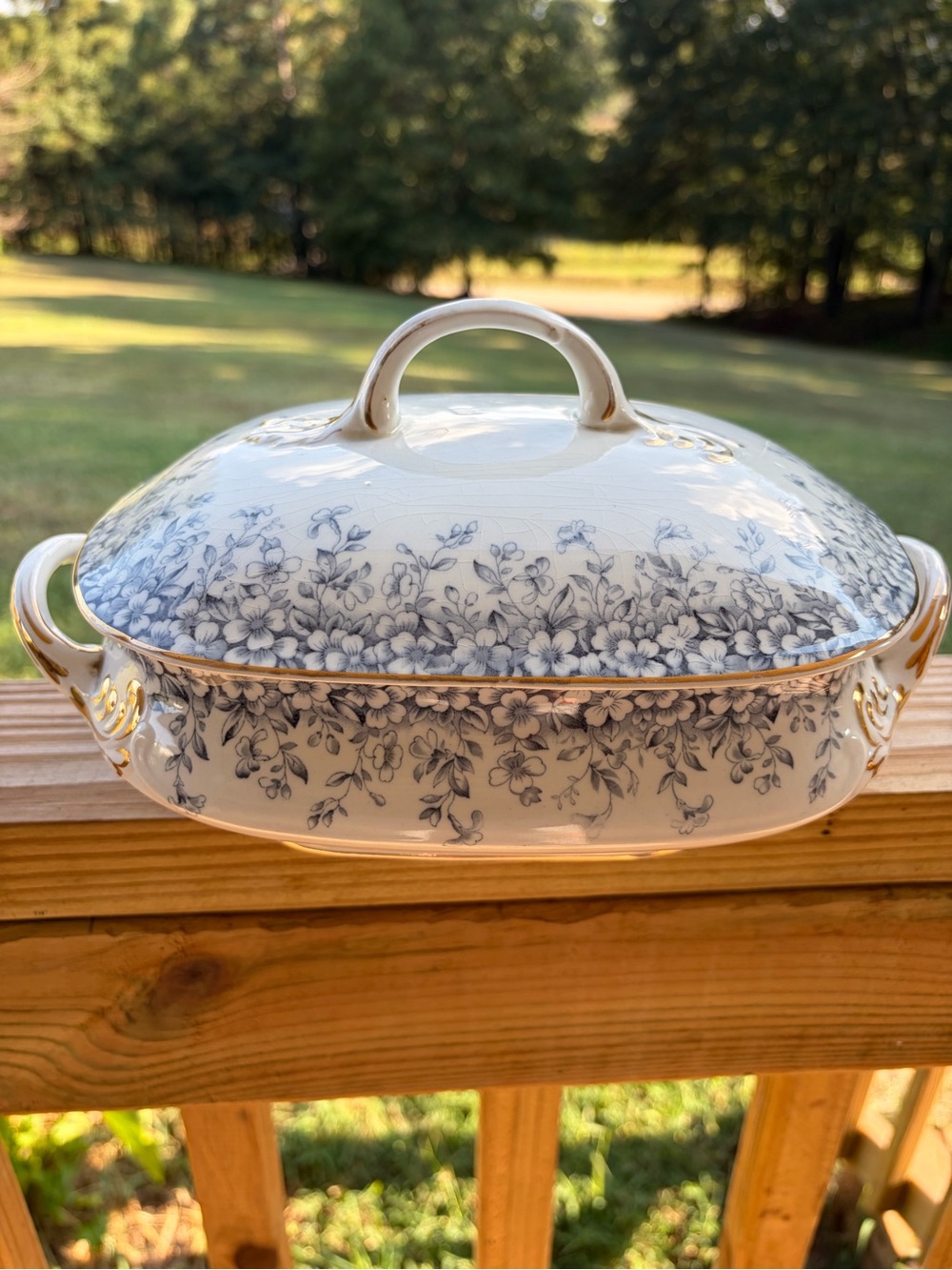 Henry Alcock Utopian Covered Vegetable Dish 10” Blue Floral Gold Trim England